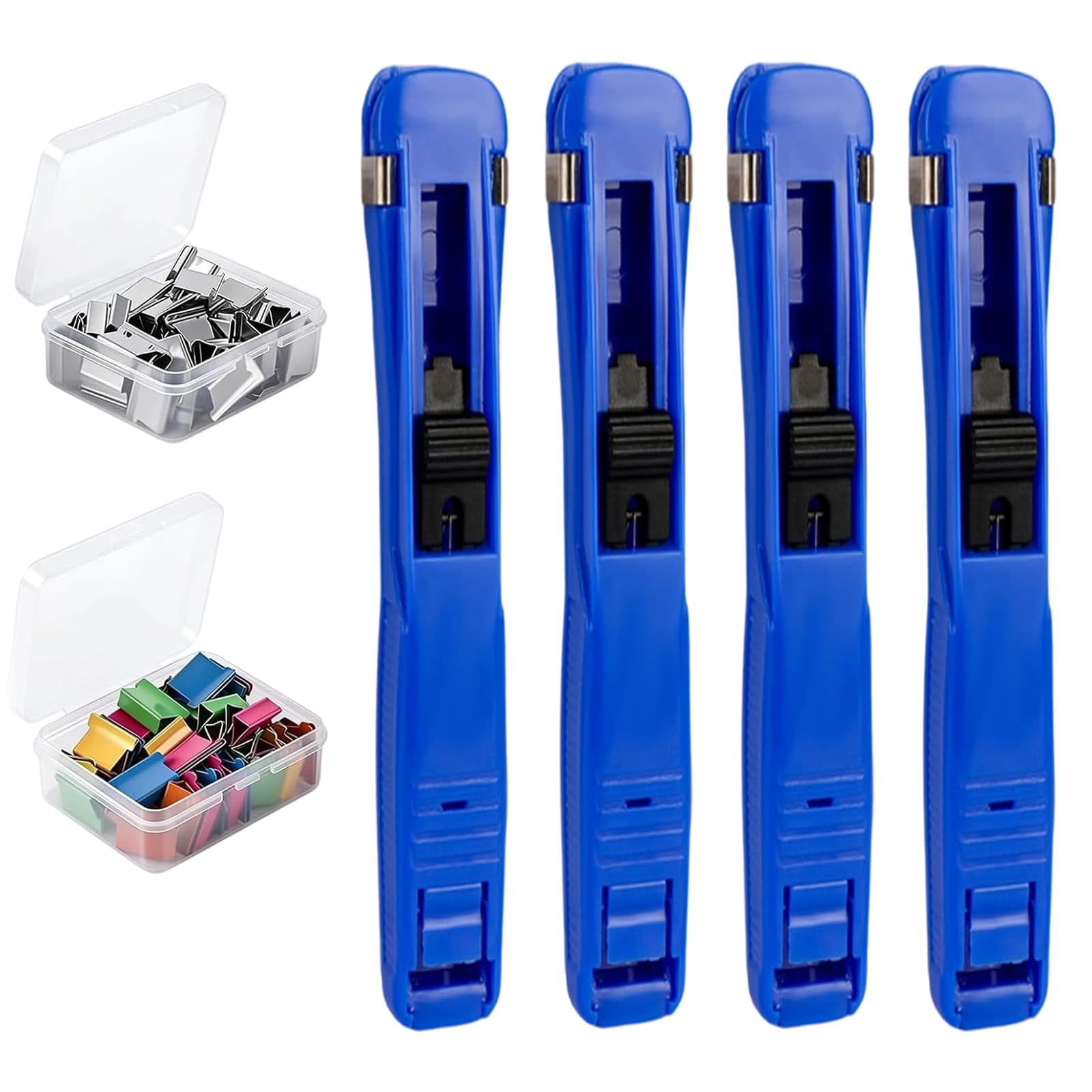 Portable Binder Clip Stapler - Includes 100 Reusable Clips, Handheld Paper Binder Clip Dispenser for Desk Document, Metal Office Supplies in Clear Box for Home Organization School (4PCS-Royal Blue)