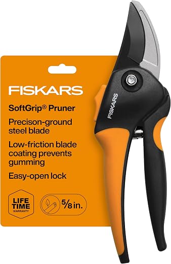 Fiskars SoftGrip Bypass Pruning Shears – 5/8” Garden Clippers with Ground Steel Blade – Plant Cutting Scissors with Sharp Precision – Black/Orange
