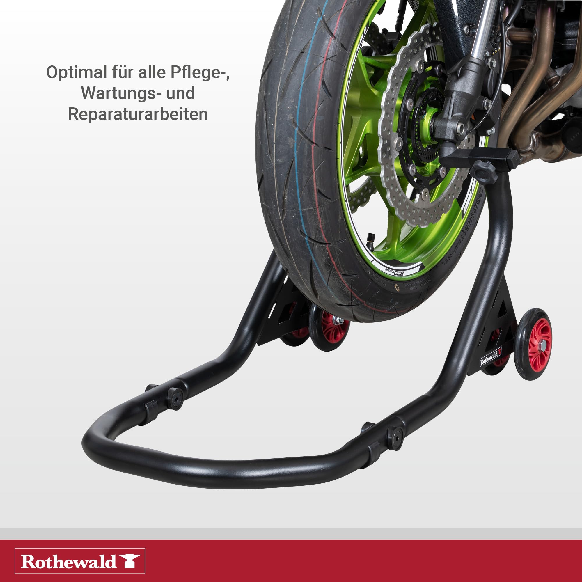Rothewald Front-Motorradheber aus Stahl, Universal-Pinadapter, bis 300 kg, Hohe Stabilität & Standfestigkeit, Montageständer, mit Doppelrollen, Leichtes Aufbocken