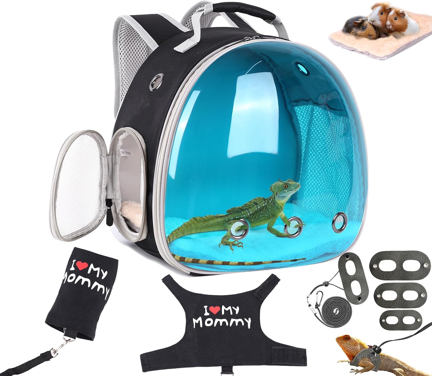 Bearded Dragon Carrier Backpack with Reptile Harness Leash and Soft Mat Set, Reptile Lizard Space Capsule Astronaut Polarized Bubble Window Travel Carrier for Small Animal Guinea Pig