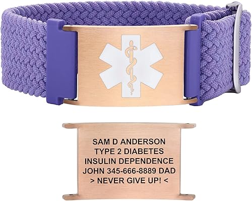 Miniatura 21 de Pulseras de alerta médica para mujeres, hombres, niñas, niños, pulsera de identificación médica personalizada con pulsera elástica trenzada