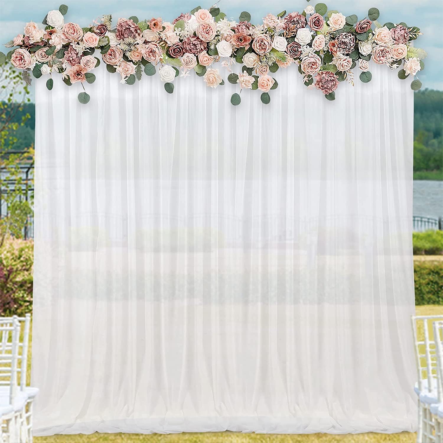 MoKoHouse White Backdrop Curtains 8ft x 10ft Chiffon Backdrop Drapes for Bridal Shower Wedding Party Stage Decoration