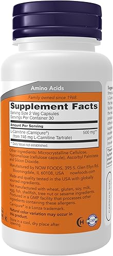Miniatura 2 de NOW Suplementos, L-carnitina 250 mg, forma más pura, aminoácidos, soporte de fitness*, 60 cápsulas vegetales