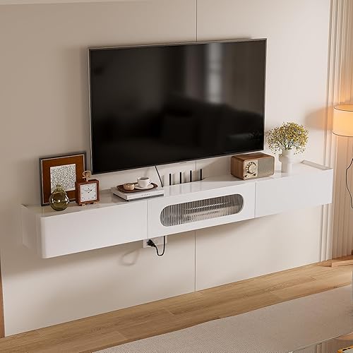 Soporte de TV flotante, 55 pulgadas totalmente montado en la pared Hign Gloss Centro de entretenimiento con puerta abatible y cajones, estante