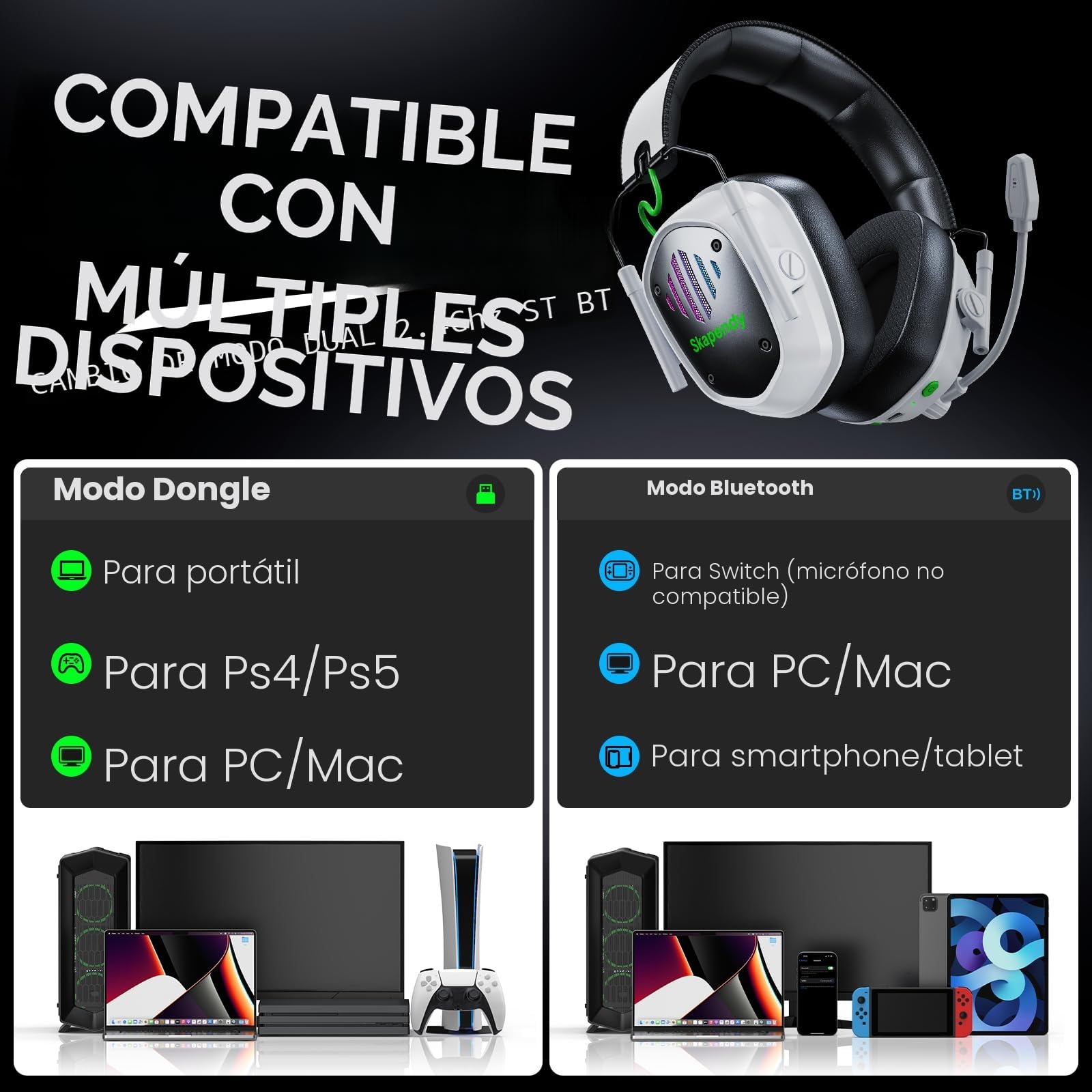 VK81 Gaming Inalámbricos, Auriculares Gaming Inalámbricos para PS5, PS4, PC, Switch, Sonido Estéreo con Micrófono, Cascos con Luz LED y Autonomía de 50+ Horas