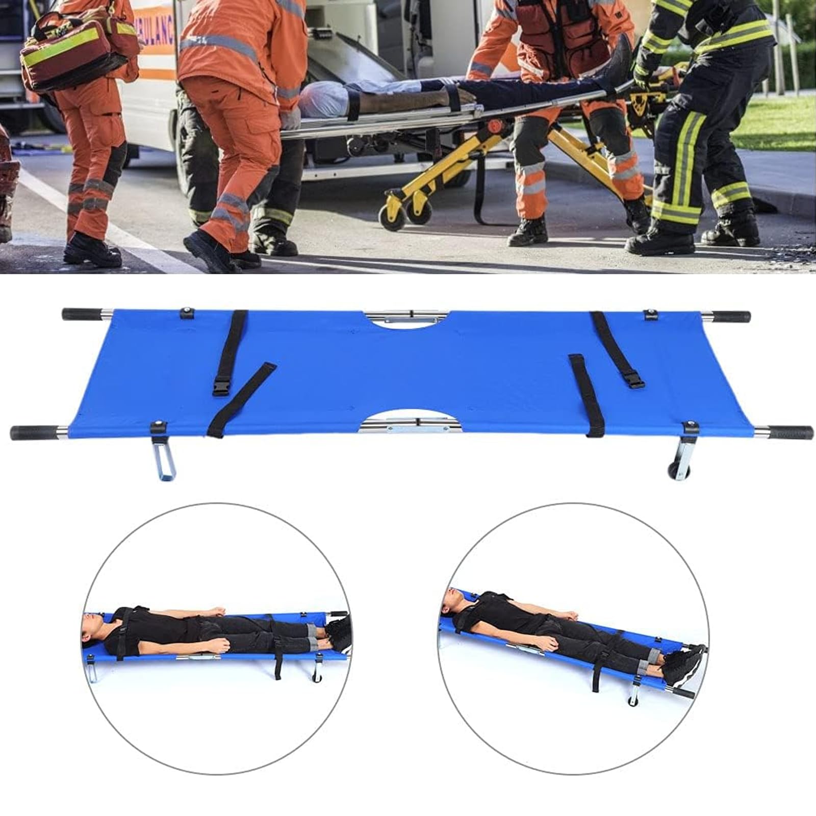 Barella portatile pieghevole, in grado di supportare 440 libbre | Barella di salvataggio pieghevole leggera, con 2 cinghie di fissaggio e maniglie in gomma granulare antiscivolo(Blue)