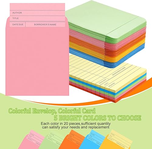 Miniatura 6 de 200 sobres de bolsillo para biblioteca y tarjetas para libros, incluyen 100 sobres de bolsillo autoadhesivos y 100 suministros de biblioteca de