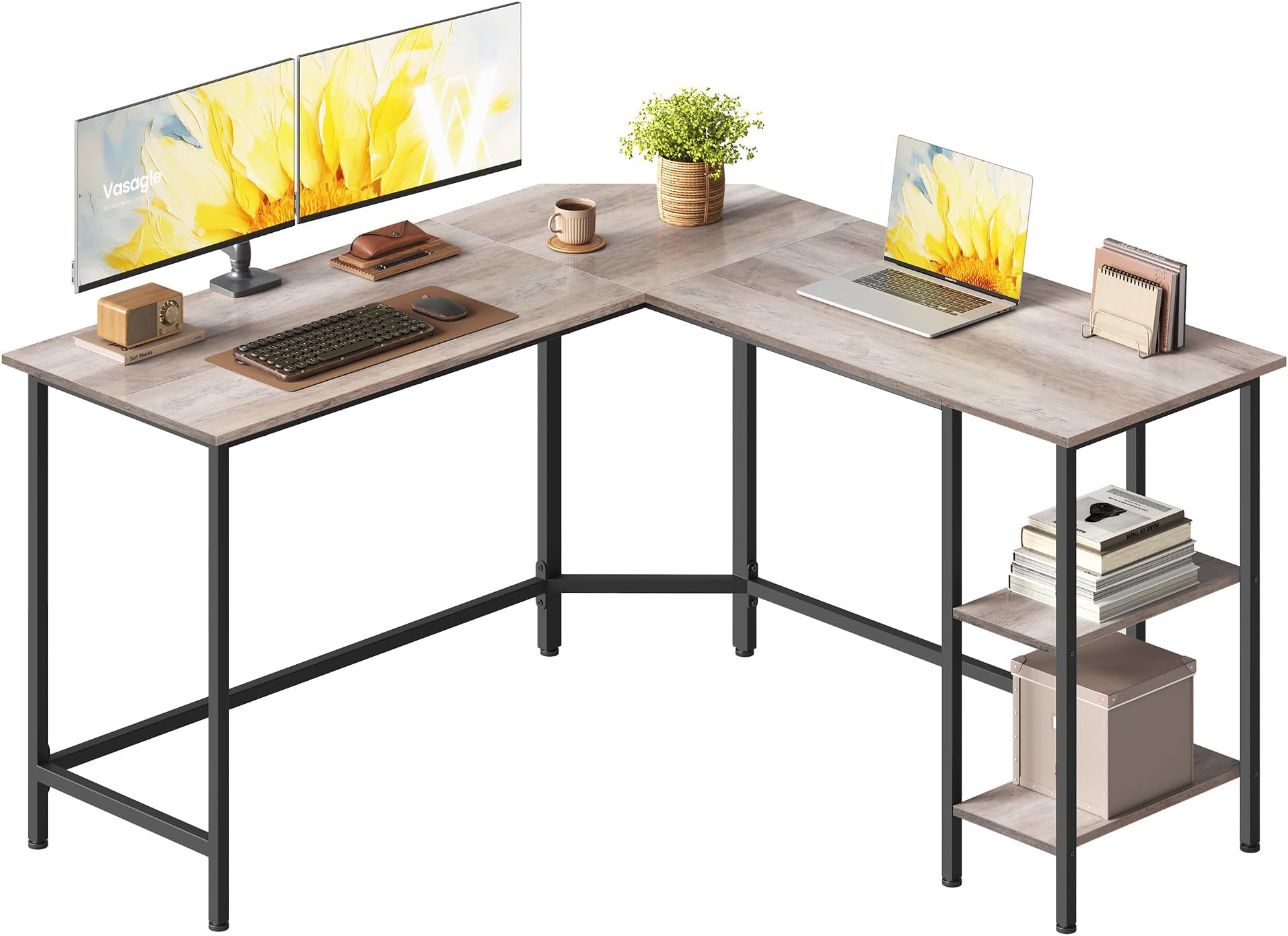 VASAGLE Computer Desk, L-Shaped Corner Desk, 138 x 138 x 76 cm, Gaming Desk, Workstation with 2 Storage Shelves for Home Office, Space-Saving, Easy to Assemble, Greige and Black LWD72MB