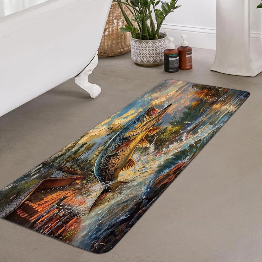Rustic Cabin Bath Rug, Country Lodge Bass Fish Lake Fishing Bathroom Rug, Funny RV Farmhouse Hunting Camp Forest Nature Art Fisherman Mat Soft Non Slip Kitchen Rugs 19X31IN