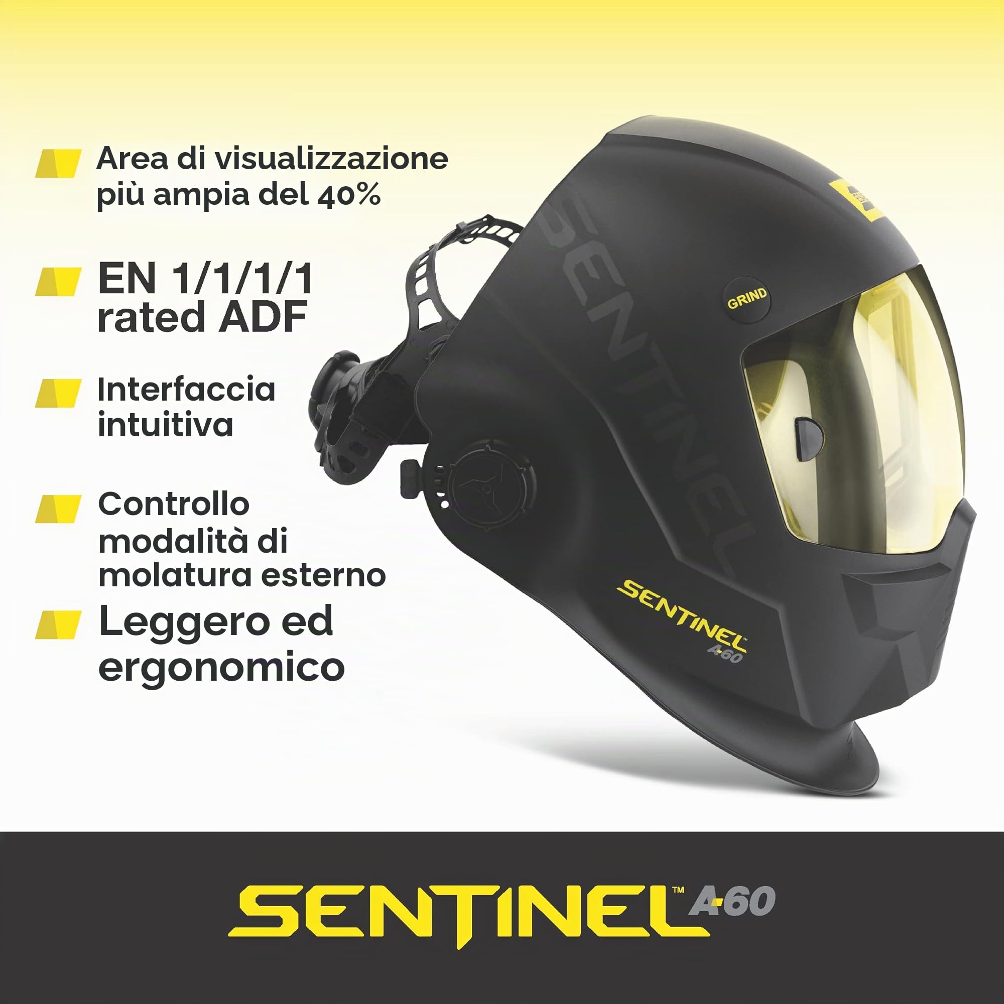 ESAB® Sentinel™ A60, casco da saldatura, design piatto nero, nylon ad alto impatto, ampio campo visivo 11,8 x 7,1 cm