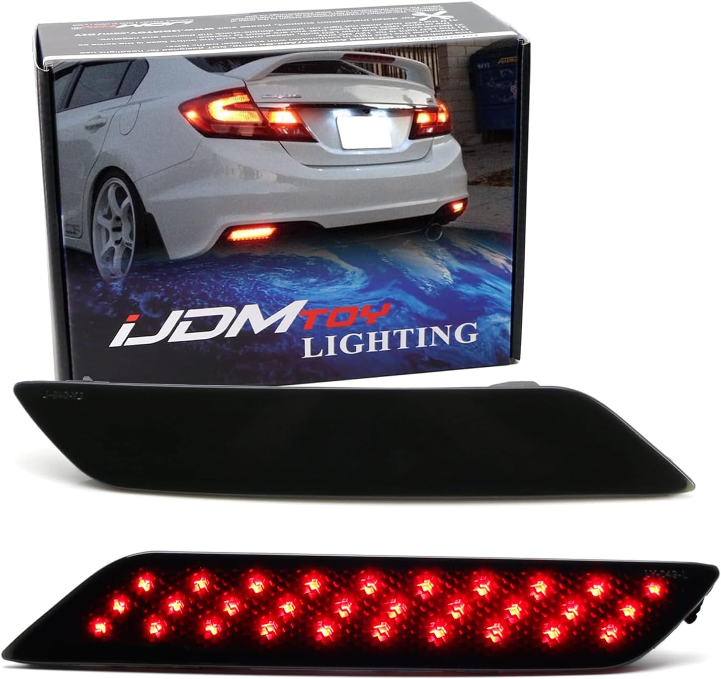 iJDMTOY Smoked Lens 60-SMD LED Bumper Reflector Lights Compatible With 2013-2015 Honda Civic Sedan, Function as Tail, Brake & Rear Fog Lamps