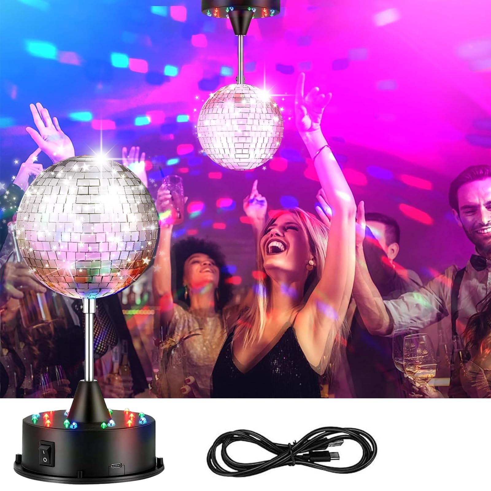 Tpyag Disco Ball Light, 5 Inch Mirror Disco Ball Light Diffuser, 360° Rotating Small Disco Ball Lights Christmas Lights for Parties Indoor Birthday, Halloween Christmas Party Decorations