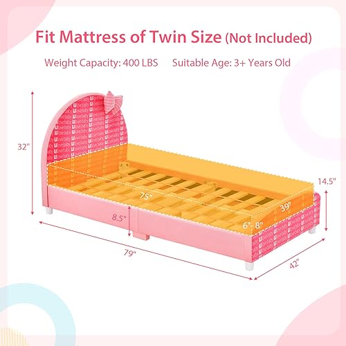Miniatura 2 de Costzon Base de cama individual para niños, plataforma de cama individual tapizada de madera con soporte de listones, cabecera y estribo acolchados,