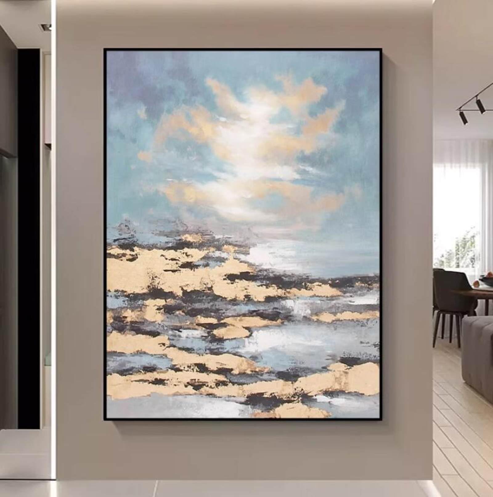 Peinture à l'huile paysage marin abstrait, tableau déco salon moderne et chambre lumineuse