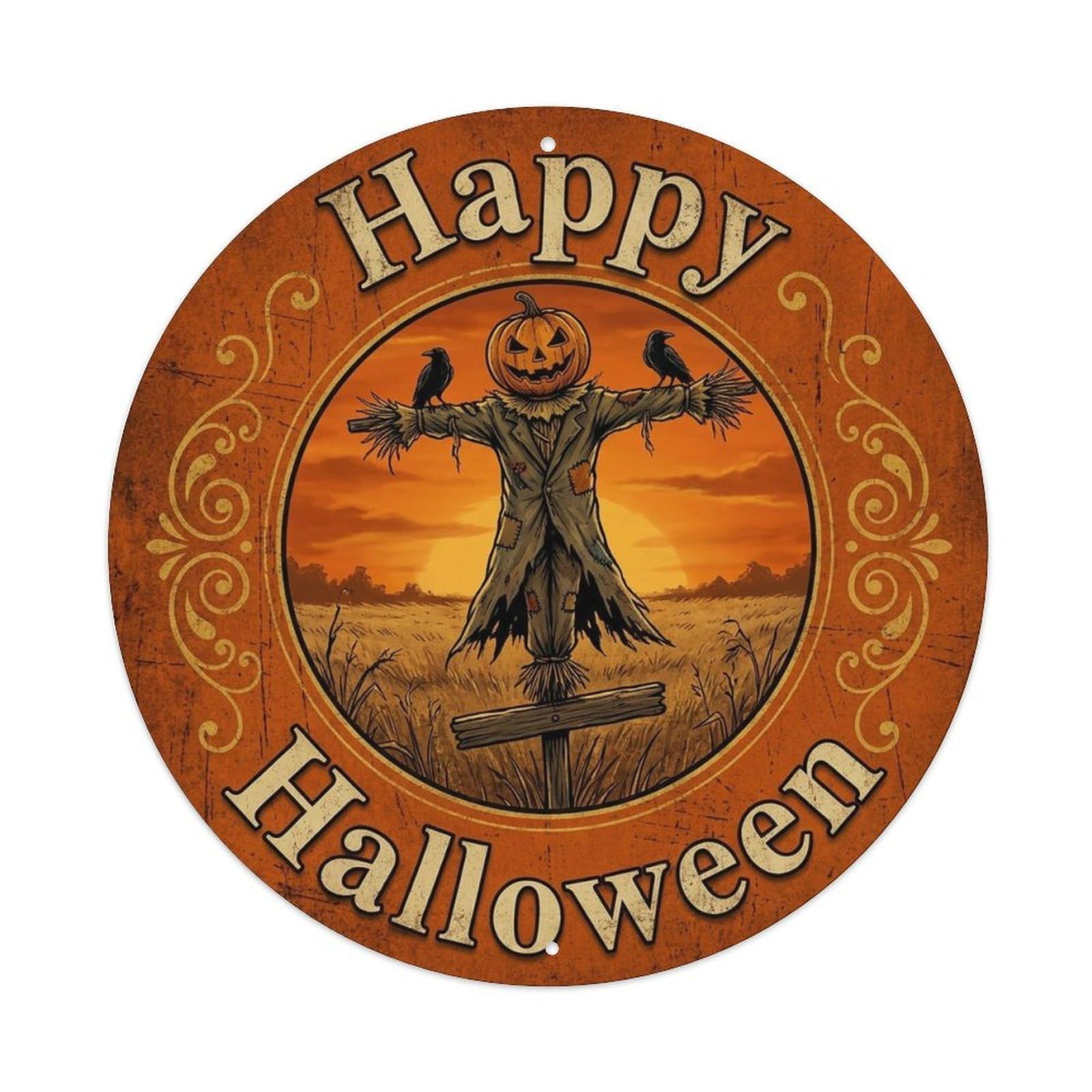 Scarecrow Autumn Field Happy Halloween Positive Saying Metal Tin Sign