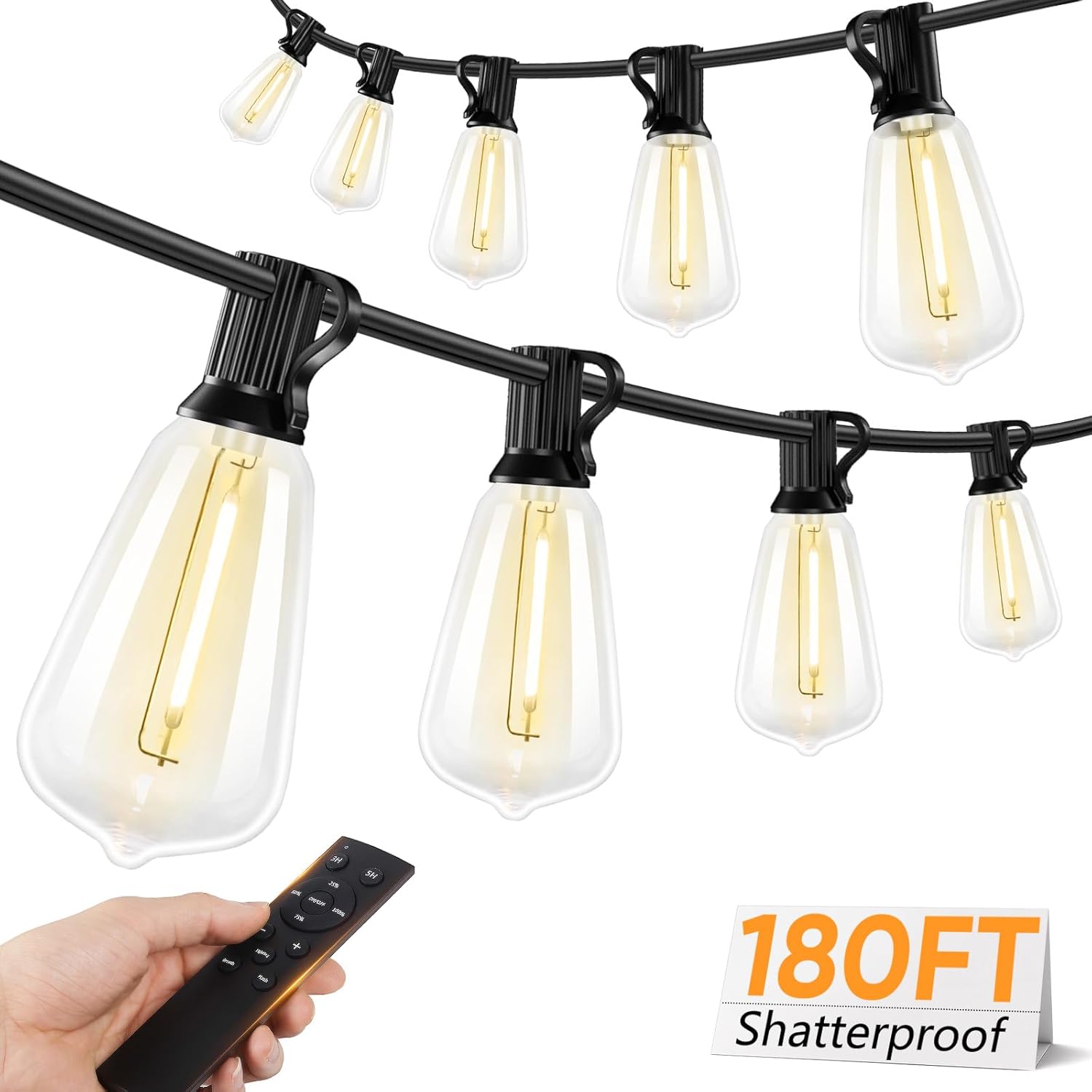 Brightever LED Outdoor String Lights with Remote, 100FT Commercial Grade Waterproof Outdoor Patio Lights, 30+2 ST38 Dimmable Edison Bulbs, 2700K Warm White Rope Light for Outside, Low Voltage 24V