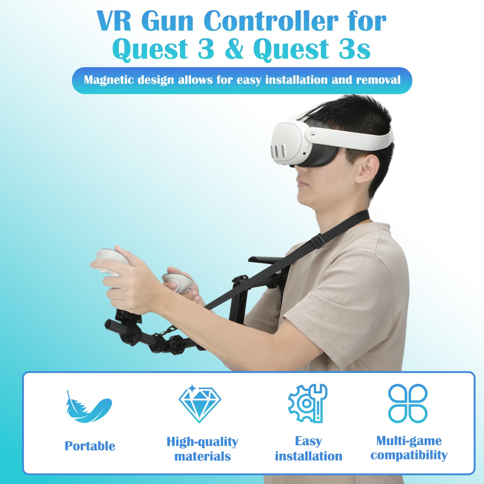 Culata Magnética VR para MetaQuest 3/3S, Ligera con Liberación Rápida | Ajuste Telescópico de Longitud y ángulo, 530g Material Aeroespacial con Agarre Firme, Ergonomía y Estabilidad para Juegos VR