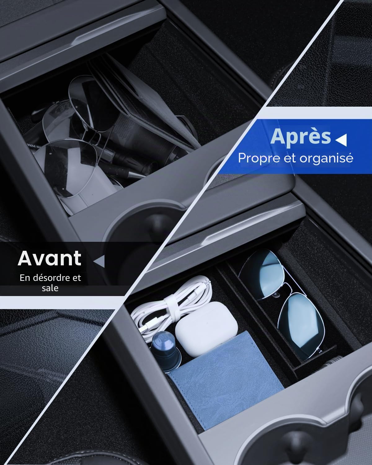 Lot de 3 accessoires pour Tesla Model 3 2024-2026 Organiseur de console centrale en silicone et boîte de rangement pour accoudoir (flocage)