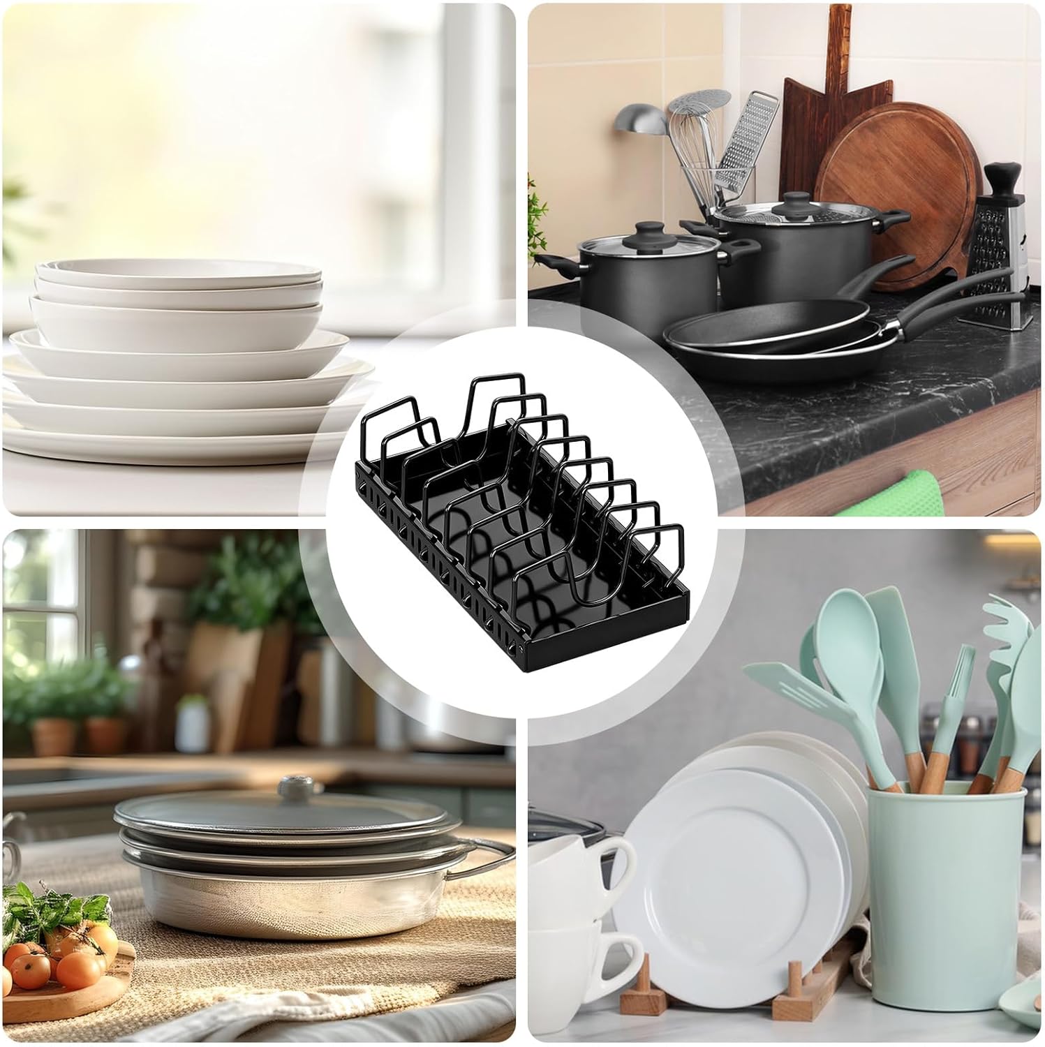 Kitchen Organizer Rack – Adjustable Pot Holder, Pull-Out Shelf, Punch-Free Stand | Smooth Rolling Pulleys, Compact Storage Solution for Cabinet Countertop and Dish Lid Arrangement