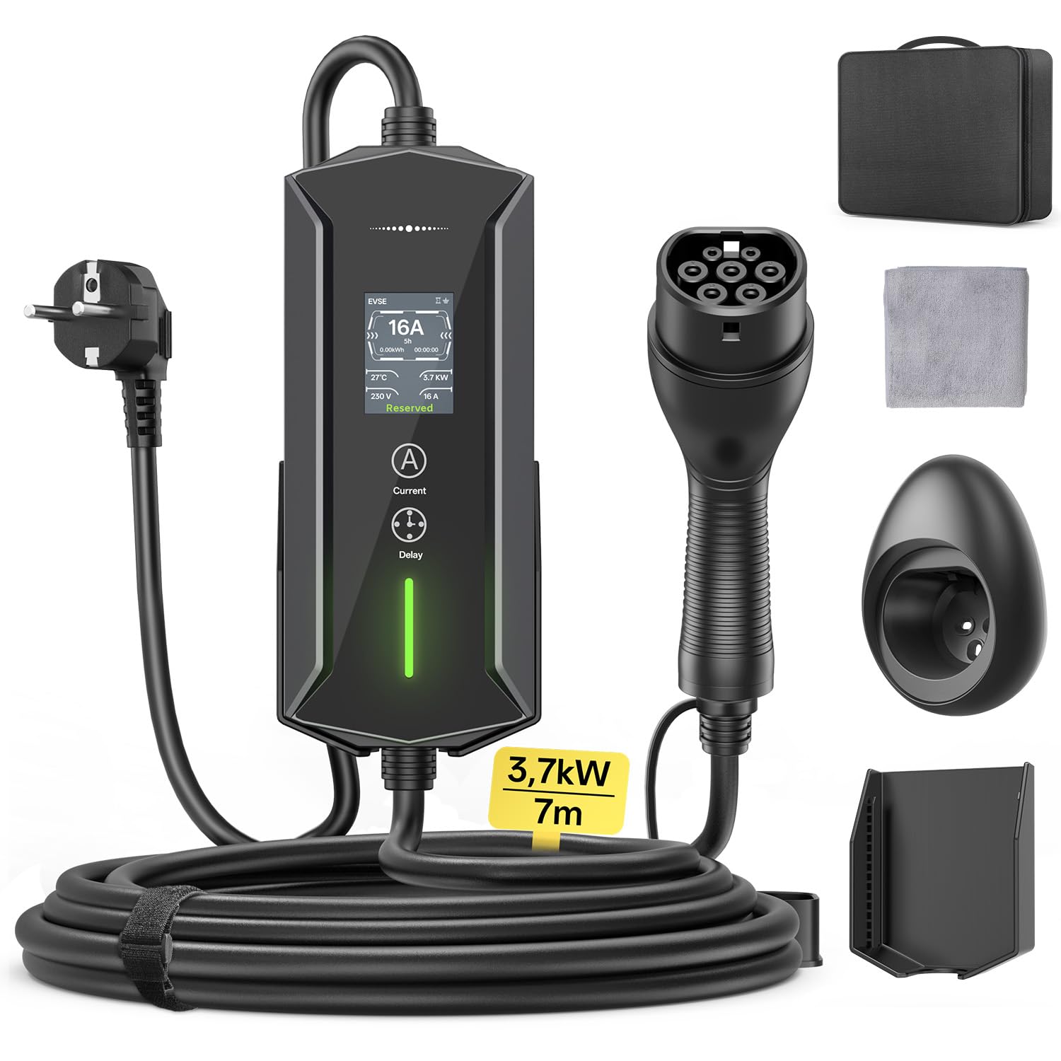 Tipo 2 Cavo di ricarica Schuko 3,7 kW – 7 m, 6 – 16 A, caricatore EV portatile in 1 fase, IP65, impermeabile con display LCD, potenza di ricarica regolabile, regolazione dell'ora di avvio, per tutti i