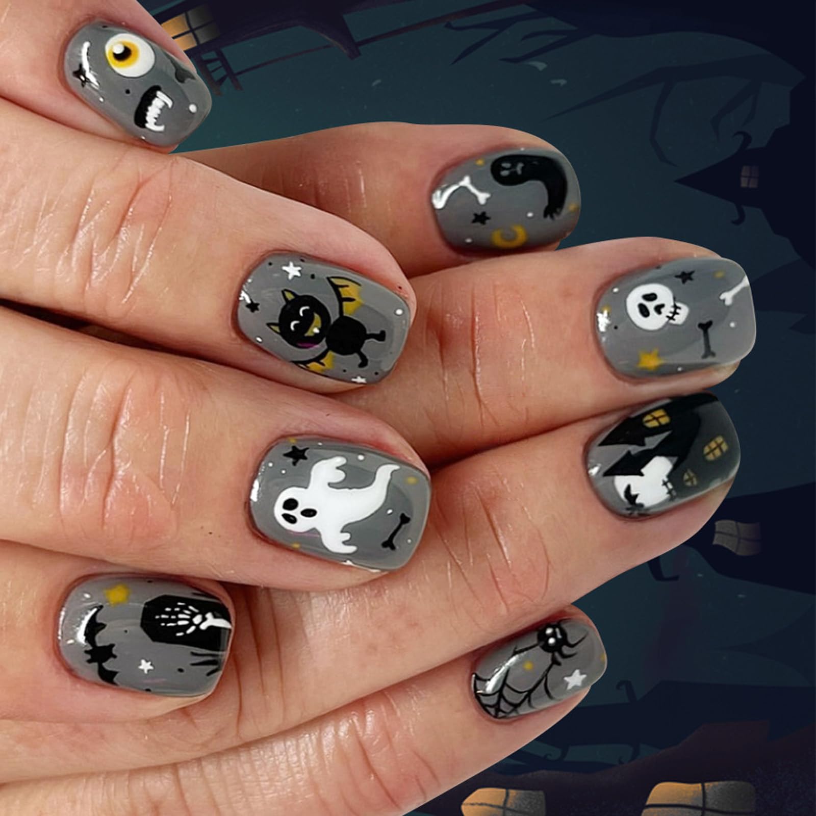 24Piece Nero Glittering Press On Nails Halloween Speciale Con Misterioso Ala di pipistrello E Modelli di Casa Halloween Press On Nail
