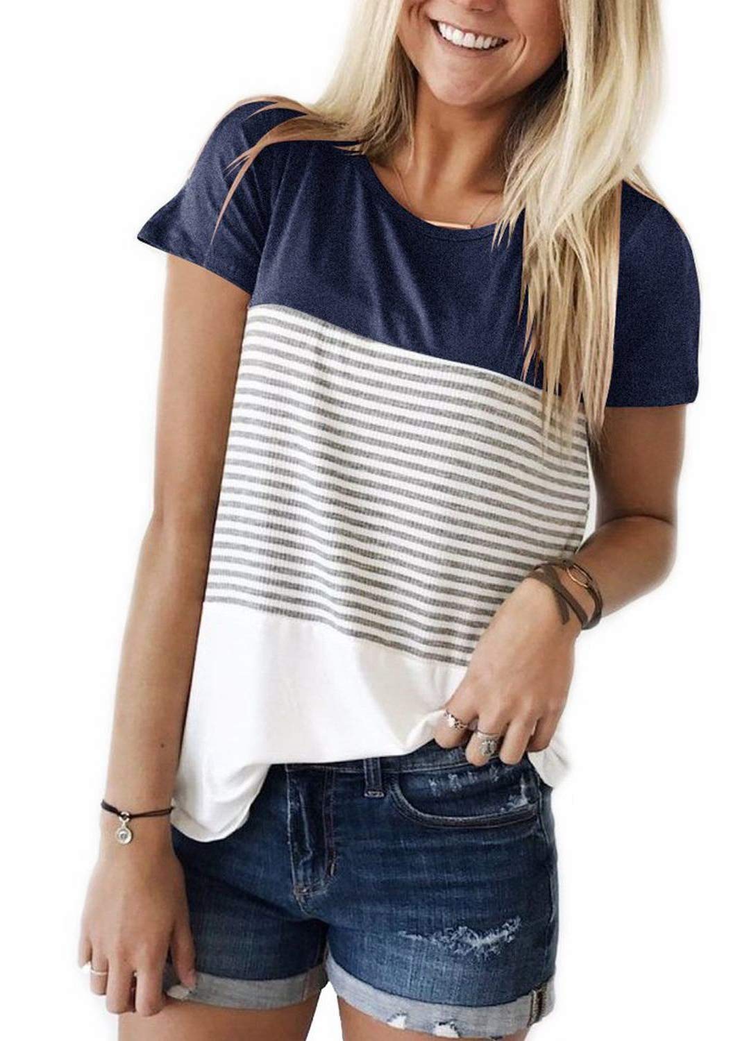 ZAWAPEMIA Women's Striped T-Shirt Crew Neck Triple Color Block Short Sleeve Tops Casual Blouse