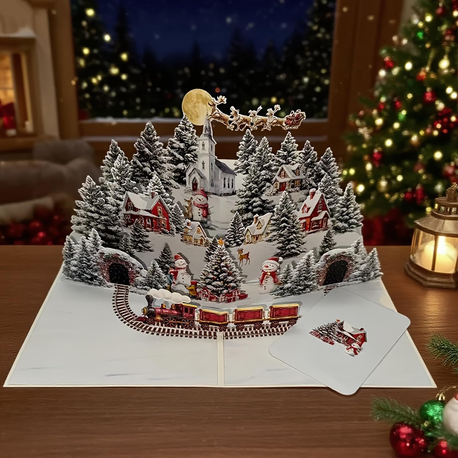 3D Carte de Noël Pop-Up avec Père Noël et Rennes, Enveloppe Incluse