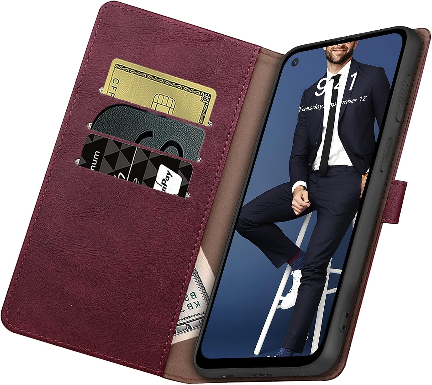 SUANPOT for Oneplus Nord N200 5G with RFID Blocking Leather Wallet case Credit Card Holder,Flip Folio Book Phone case Shockproof Cover Women Men for Oneplus Nord N200 5G case Wallet Wine Red