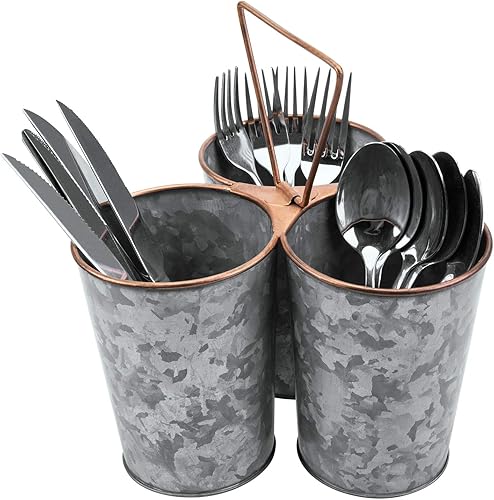 Miniatura 6 de MyGift Organizador de utensilios de metal galvanizado con 3 compartimentos, borde y asa de cobre, almacenamiento de cubiertos para encimera,
