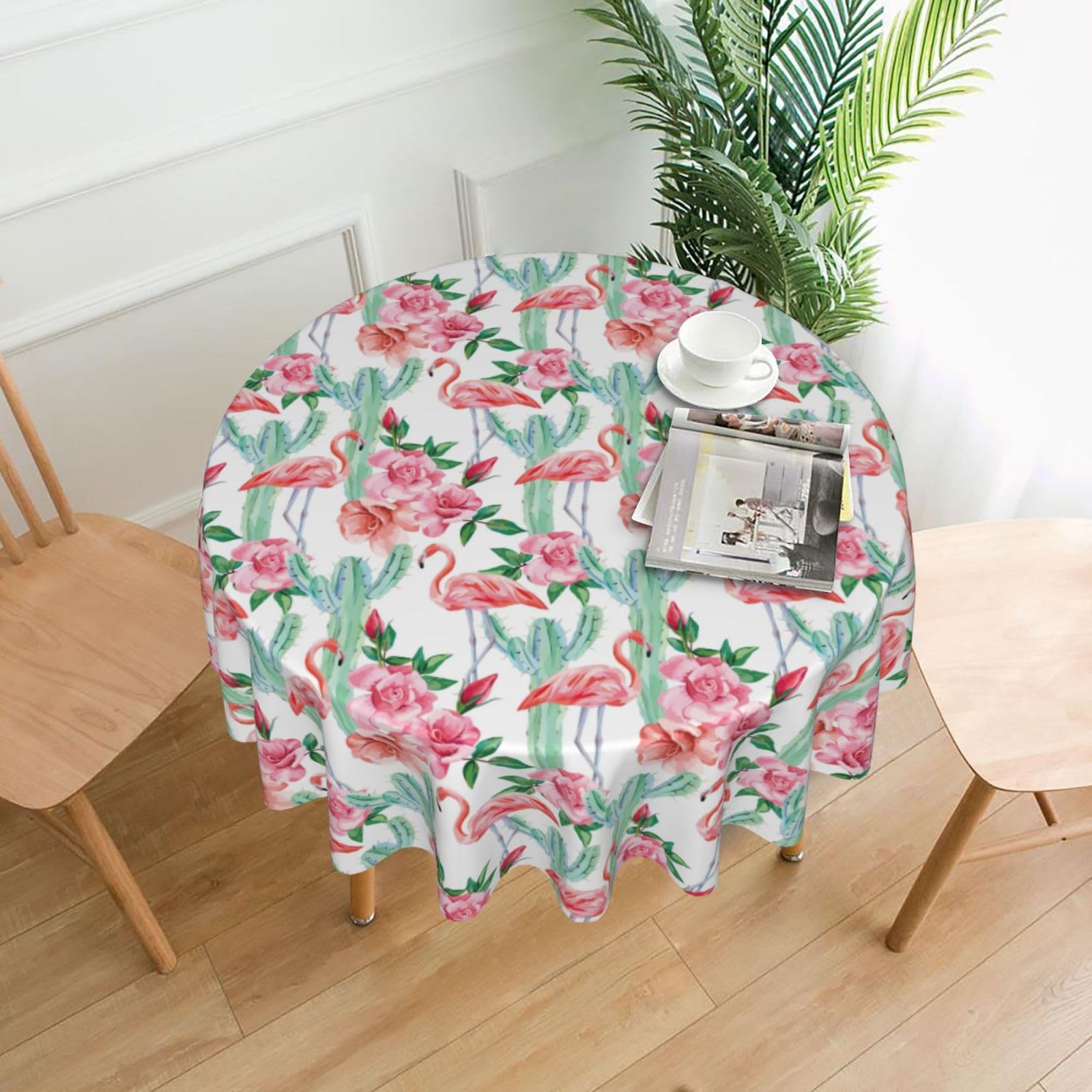 SDEGTHO Cactus Flamingo Rose Flowers Print Modern Retro Round Tablecloth 60in Polyester Fabric Cover for Party Dining Table Washable