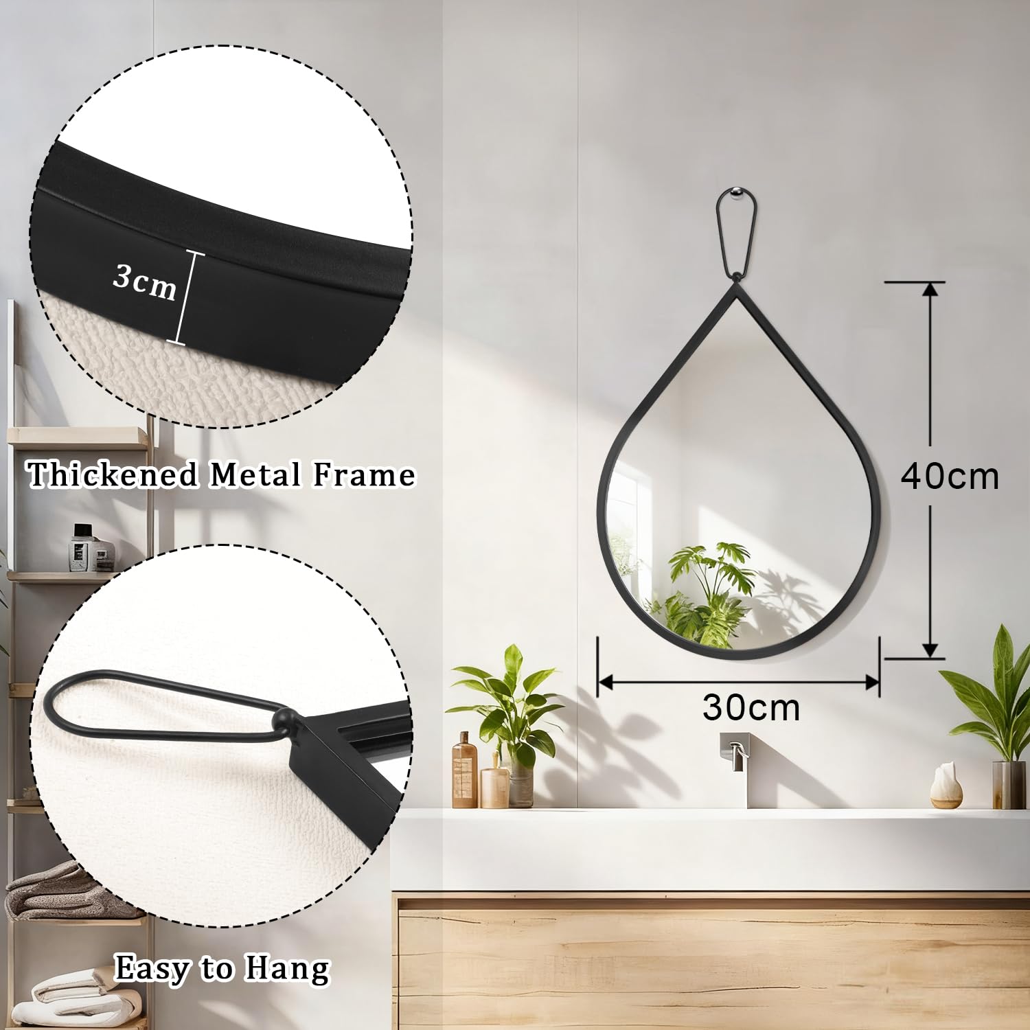 Espejo de pared con marco de metal grueso, espejo colgante de lágrima negra, espejos decorativos modernos para baño, sala de estar, entrada, pasillo, pequeño