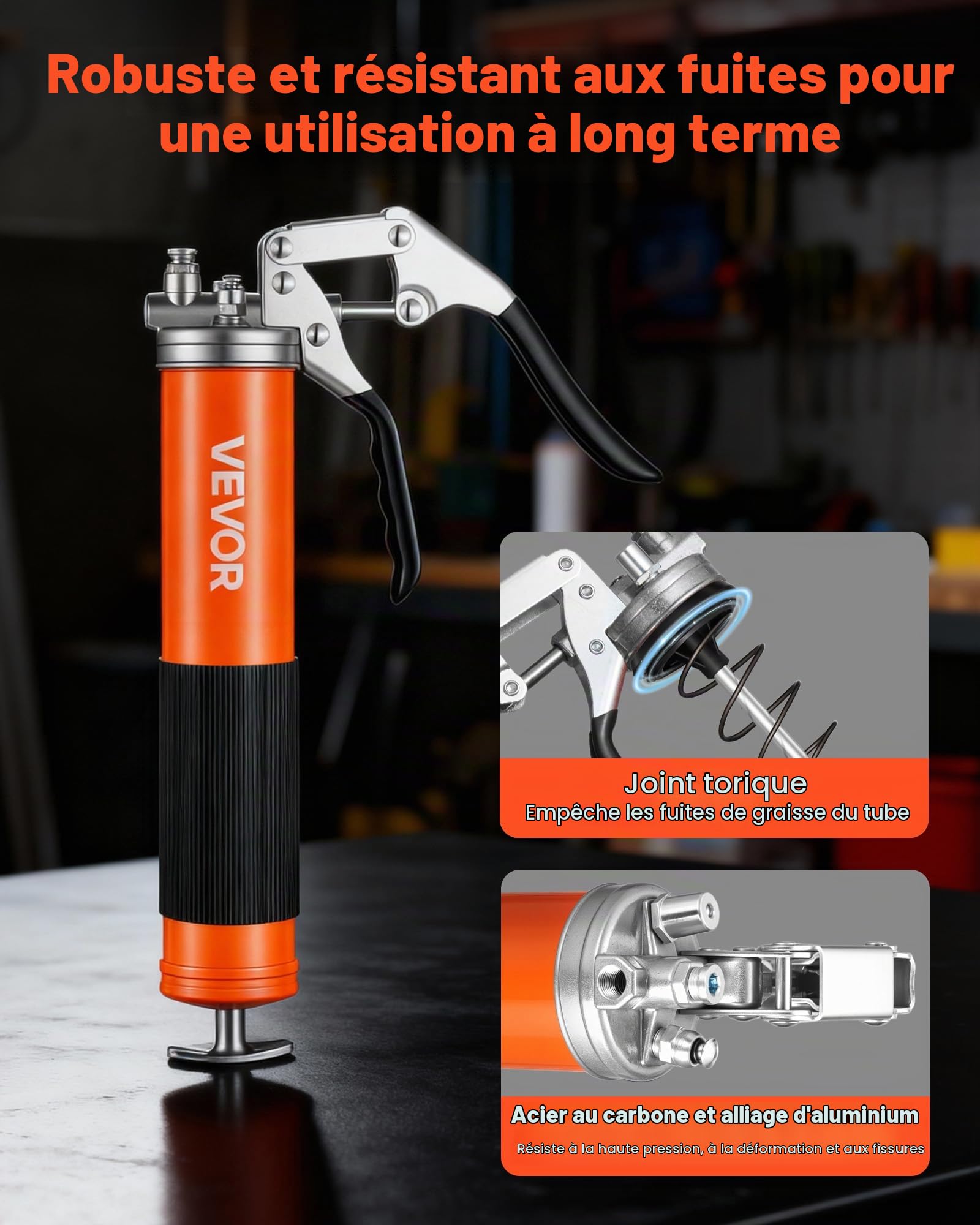VEVOR Pistolet à Graisse Manuel 551 Bar Pistolet Graisseur à Poignée Capacité 0,4 L pour Machines Automobiles Agricoles Industrielles, Tuyau Flexible 45,7 mm Tube d'Extension Rigide et 1 Buse Pointue