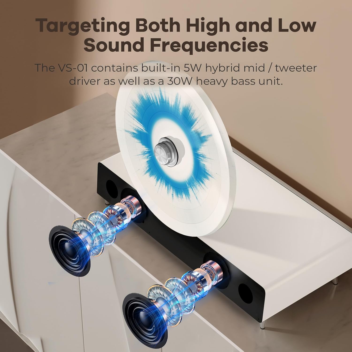 Internal components showing mid/treble drivers and subwoofer