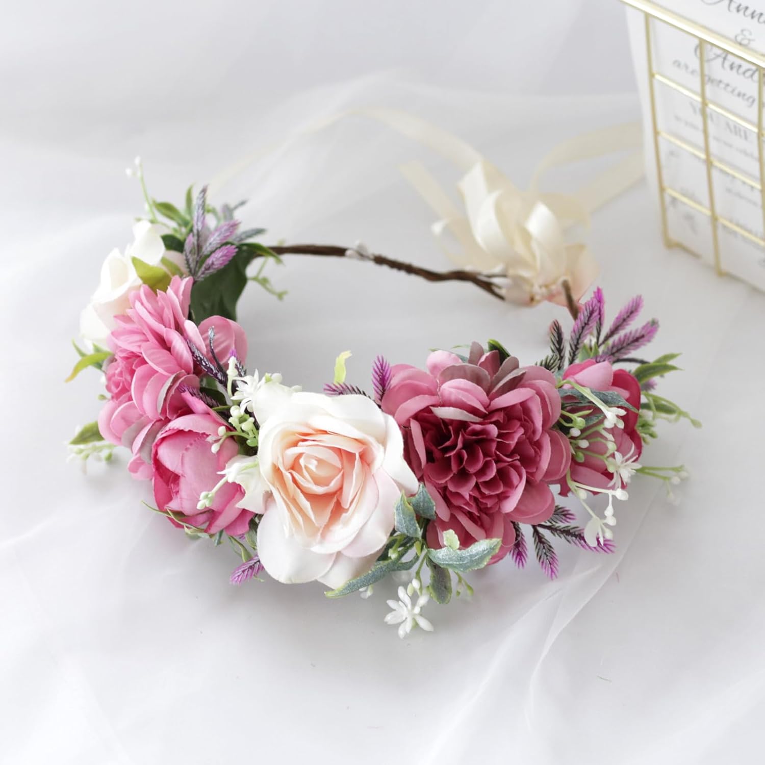 Vivivalue Wedding Floral Crown Flower Garland Headband Hair Wreath Floral Headpiece Halo Boho with Ribbon Party Prom Festival Photos - Image 3