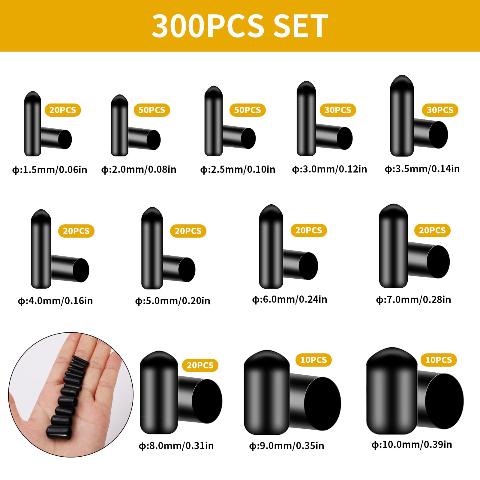 Set di 300 tappi in gomma per tubi tondi, in PVC, di colore nero, tappi di protezione per viti, tappi terminali in gomma, tappi in plastica per barre metalliche (Φ1,5 mm-10 mm)