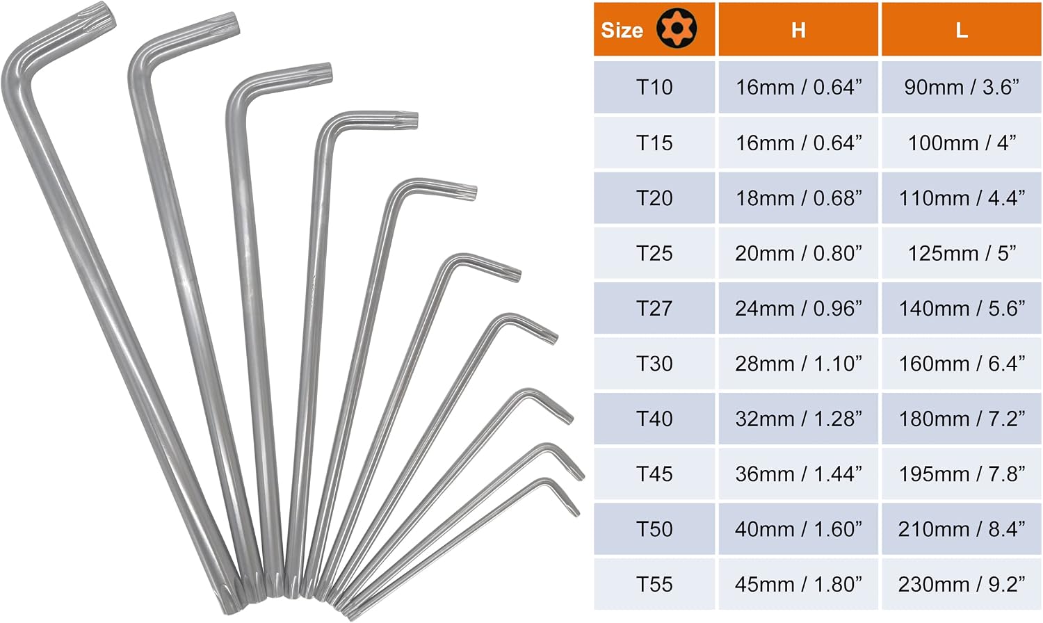 NordWolf 10-Piece Torx Wrench Set, S2 Steel Long Arm Security Star Keys, Sizes T10 to T55