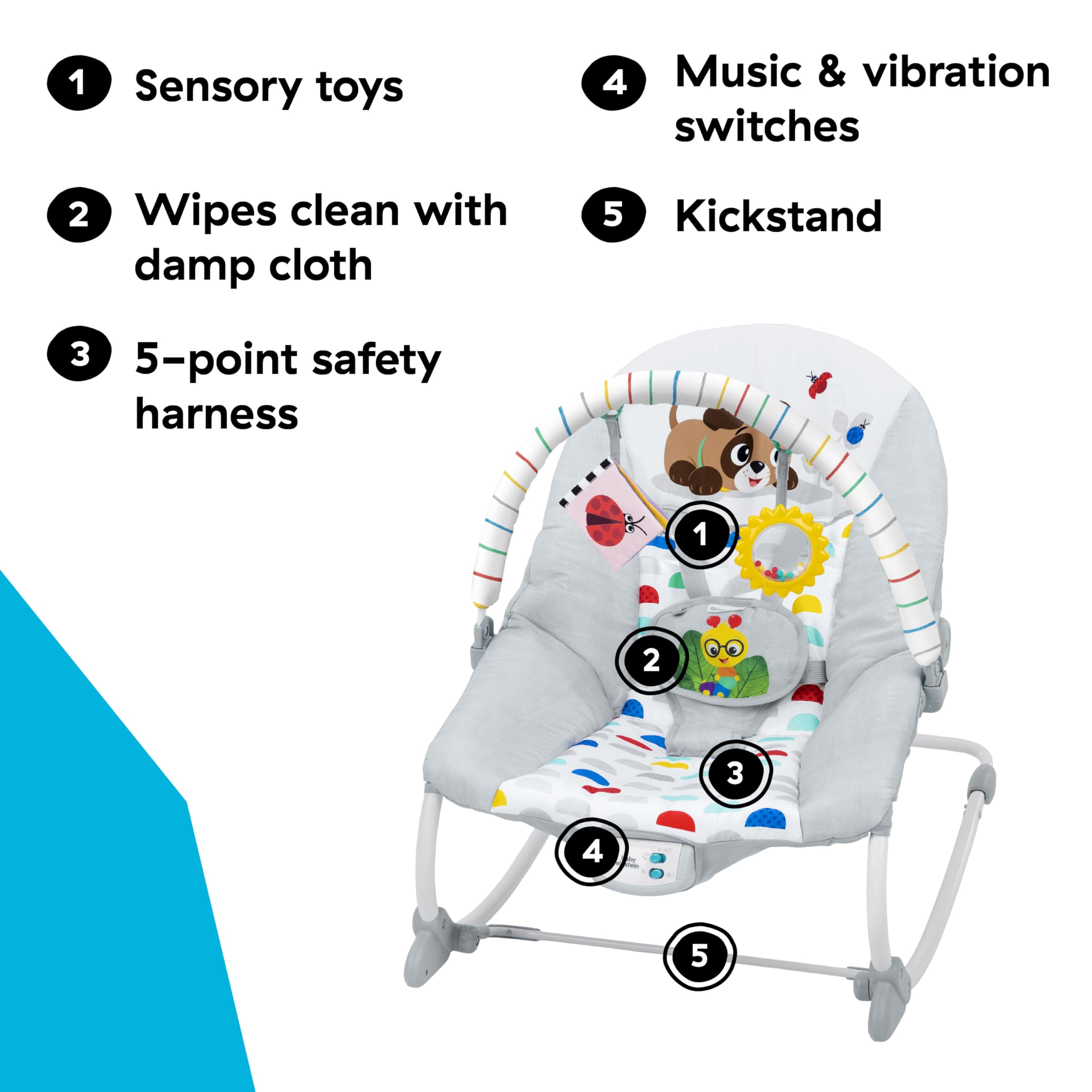 Baby Einstein, Dondolo Musicale Dean's Discovery Spot per Neonati e Bimbi, 2-in-1 Sedia e Dondolo, Vibrazioni e Musica 20+ Minuti, 2 Posizioni Reclino, Giochi Staccabili, Max 18 kg, 0+ Mesi