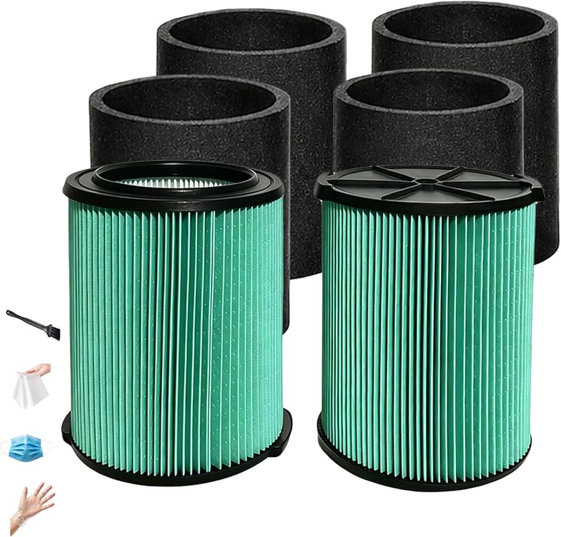 2 Pack VF6000 Filter for Ridgid Shop Vacuum WD1450 Compatible with Husky Shop Vac 6-9 Gallon Replaces 17816 Filter for Craftsman Wet Dry Vac Attachments with 4 Pack Foam Sleeves