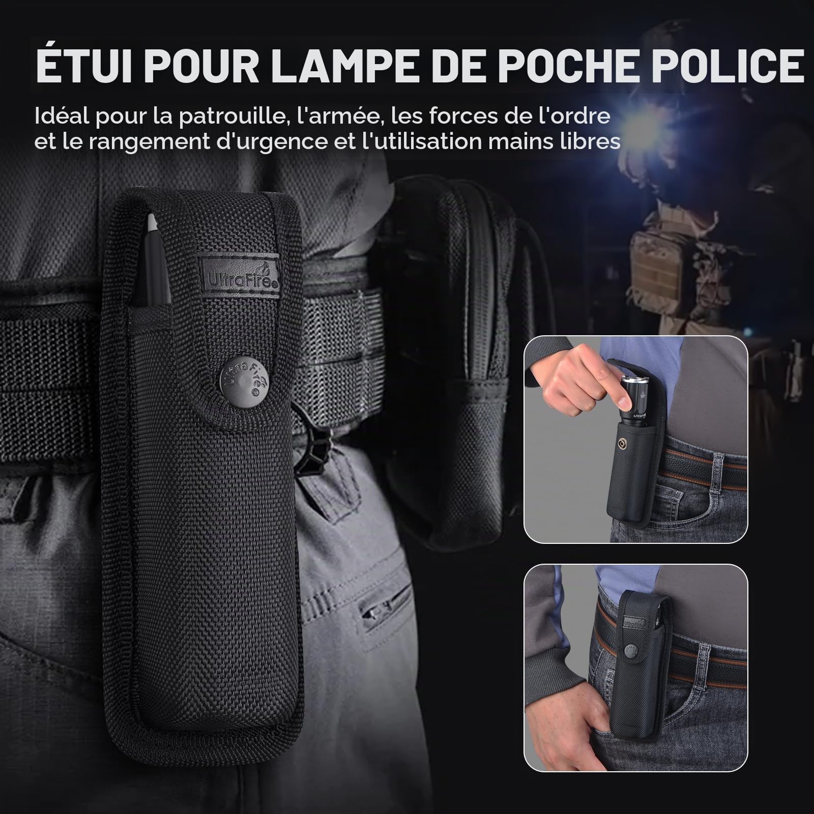ULTRAFIRE Lampe torche tactique rechargeable 3100 lumens avec étui, double interrupteur, lampe de poche LED super lumineuse, 6 modes IPX8, lampe torche de police étanche LR1