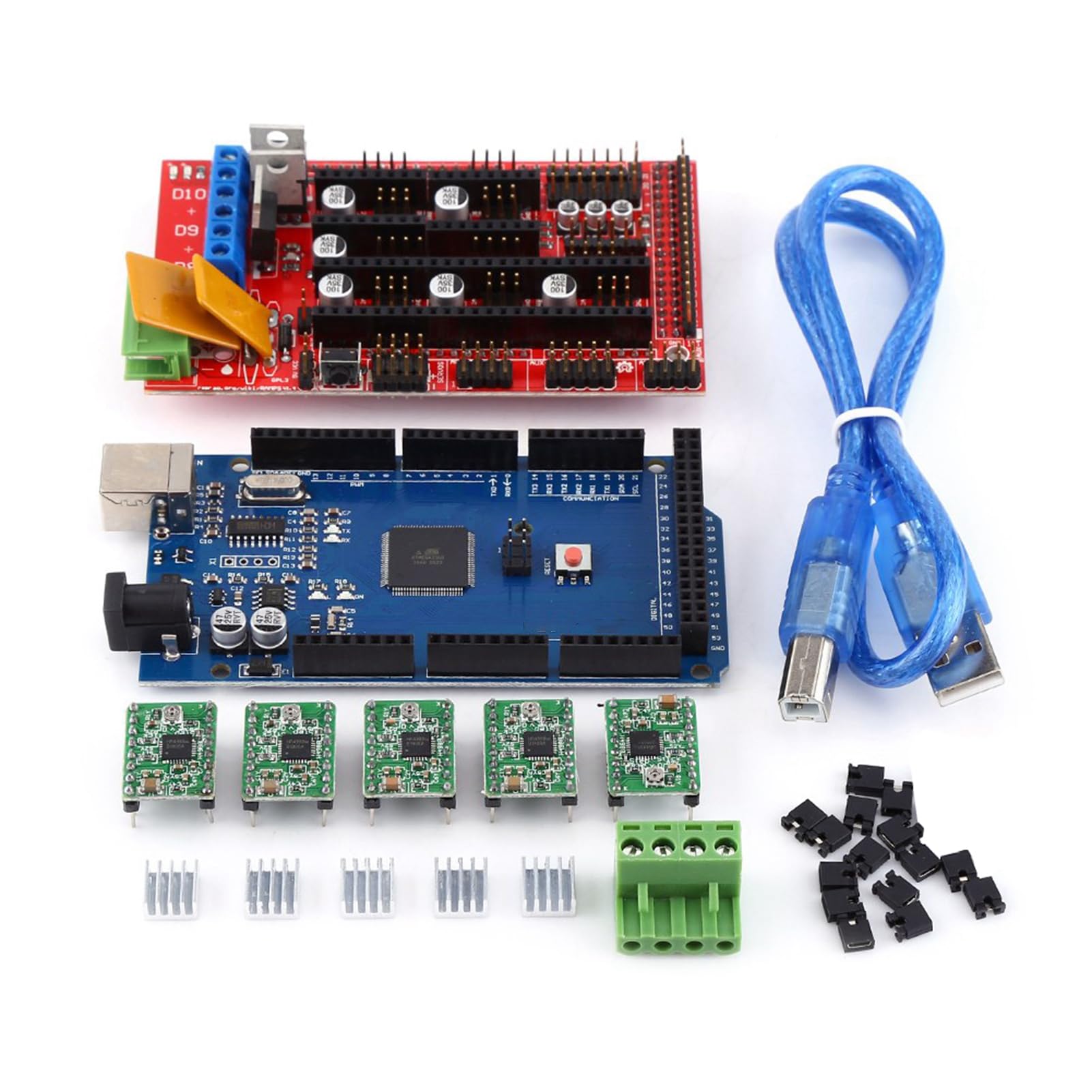 Kit de Impresora 3D,RAMPS 1.4 Controlador MEGA 2560 R3 A4988 Con Kit de Puente de Cable USB del Disipador de Calor Impresora 3D Accesorios para Adaptarse a Toda la Electrónica