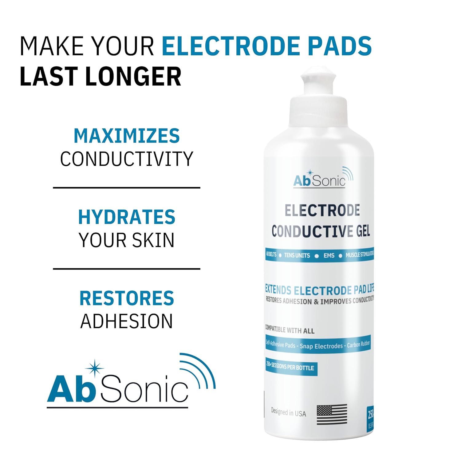 Absonic Electrode Gel for TENS Unit Pads - Conductive Gel for EMS, Muscle Stimulators & Ab Belts | Extends Pad Life, Restores Adhesion | Hypoallergenic, Water-Based | 8.5 oz | Made in USA