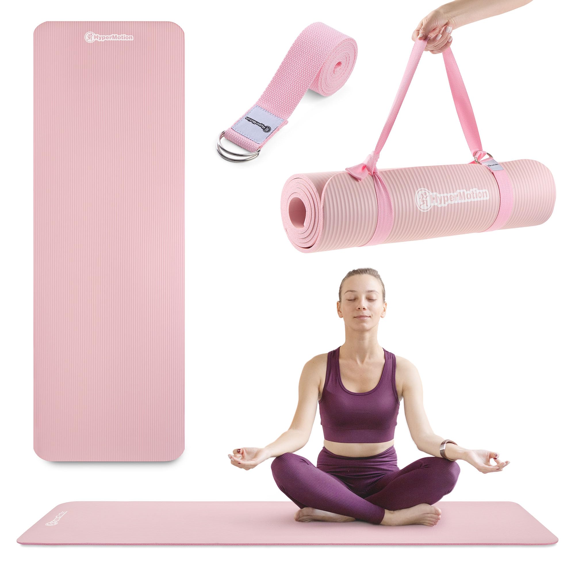 HyperMotion Mata do Ćwiczeń Fitness i Jogi NBR 183x61x0,8 cm Różowa, Antypoślizgowa, 8 mm, z Paskiem do Ćwiczeń i Przenoszenia, do Jogi, Pilatesu i Stretchingu