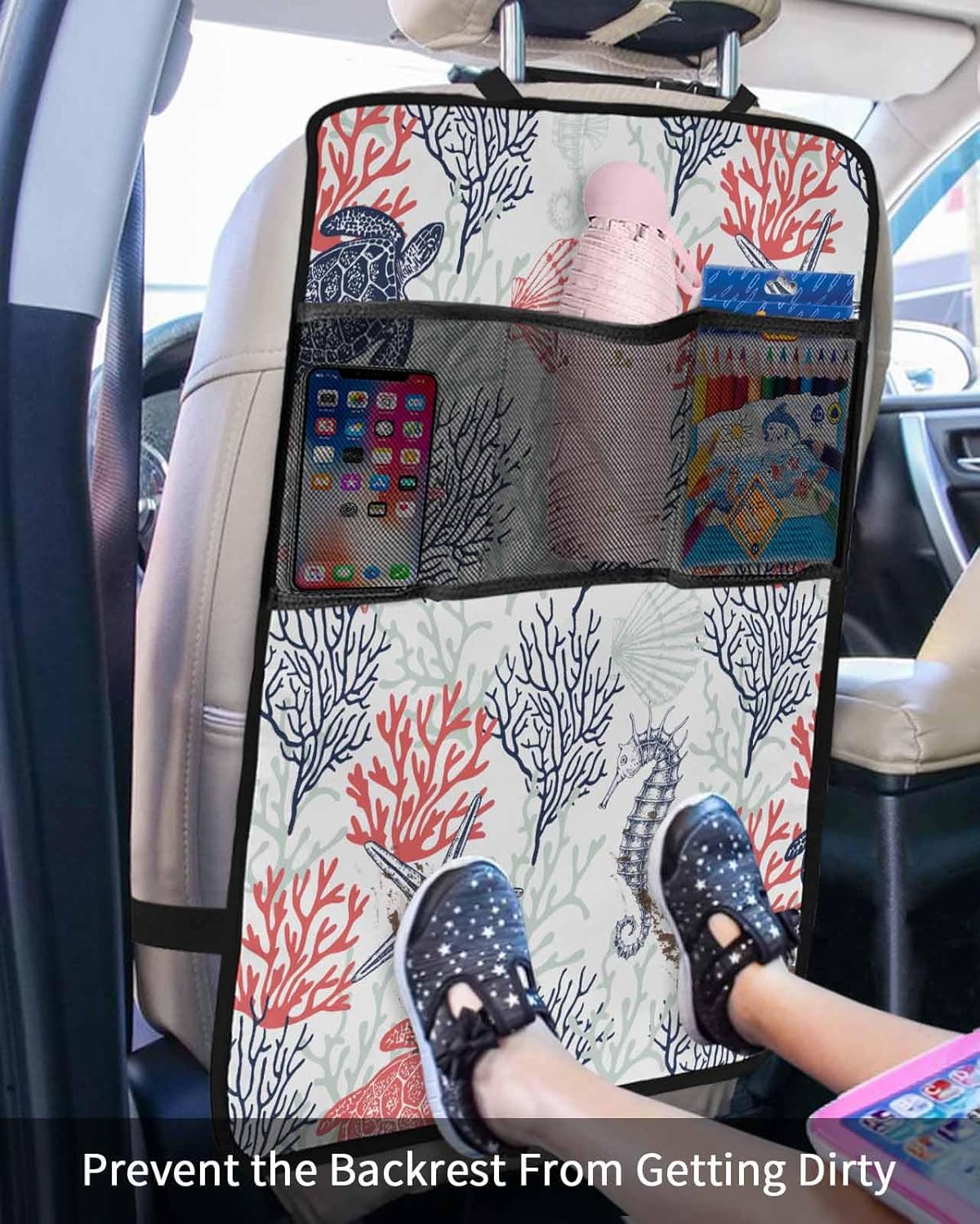 T&H XHome Car Seat Protector, 2 Pack Kick Mats with Organizer - 3 Pocket Storage, Summer Ocean Sea Turtle Red Coral Sea Back Seat Cover for Kids Universal Fit Automotive Interior Protectors