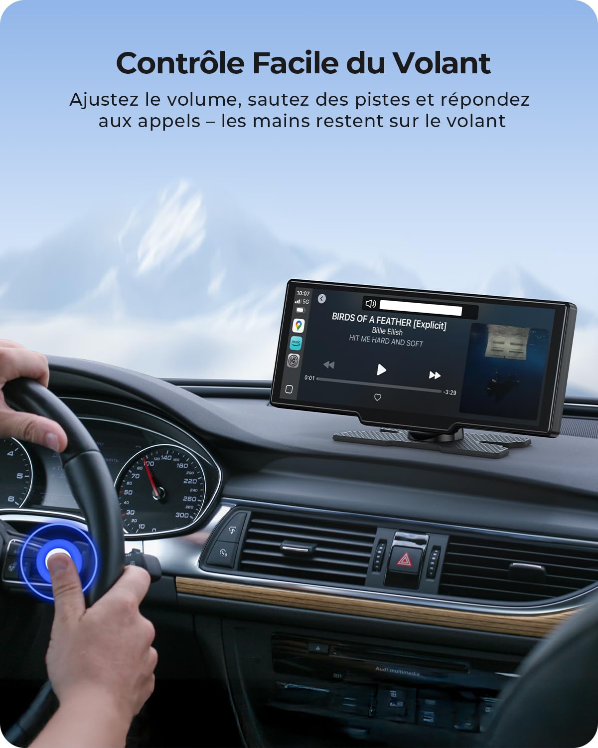 Écran Portable sans Fil 9,26" CarPlay Voiture avec 4K Dashcam & Arrière HD pour Apple Car Play & Android Auto, Mises à Jour OTA, Mirror Link, Bluetooth 5.0, Commande Vocale, GPS, FM
