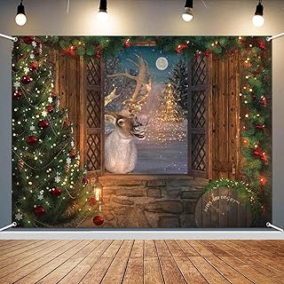 LDWLYW Christmas Reindeer Backdrop Banner Winter Window Christmas Backdrops for Photography Background Xmas Window Reindeer Winter Photo Backdrop Christmas Party Decorations 7x5ft