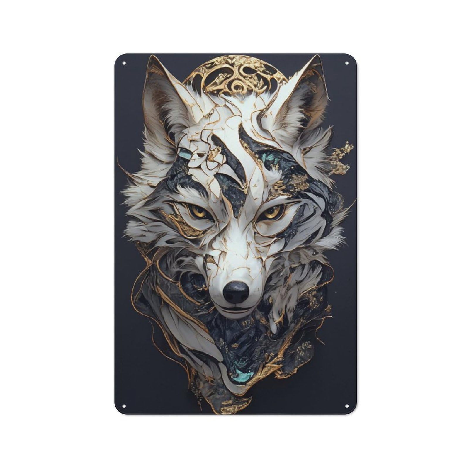 Ornate Wolf Head Portrait Industrial Metal Wall Decor 30x20cm, Retro Metal Sign for Workshop, Basement, Shed Or Games Room