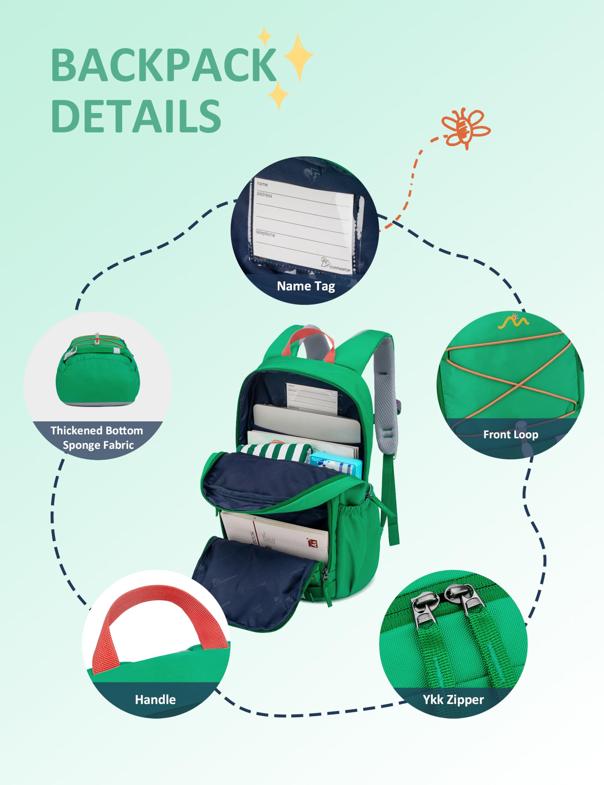 MOUNTAINTOP Mochila Infantil Senderismo Escolar 18L Niños Niñas | Perfecta para escuela senderismo y acampada, correa de pecho ajustable, cremalleras YKK, espalda acolchada transpirable