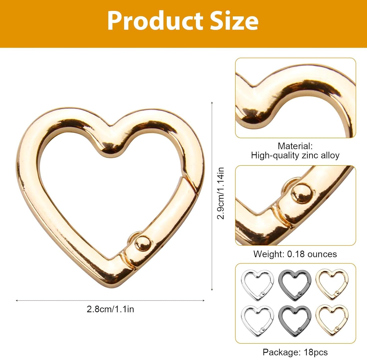 18 PC Heart Carabiner Clips, Cute Gold Heart Keychain Clip Spring Snap Clasp Hook Key Ring for Camping Backpack Bottle DIY Crafts - Image 2