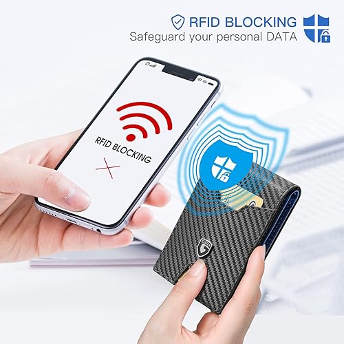 Miniatura 5 de GSOIAX Billetera delgada para hombre con bloqueo RFID carteras plegables para hombre minimalista cuero auténtico fibra de carbono clip para dinero