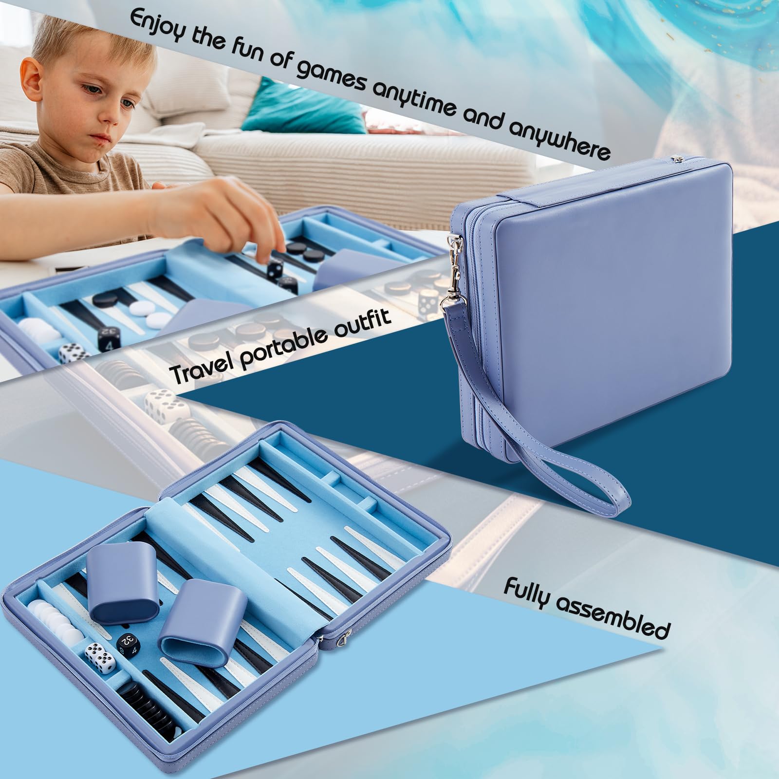 Jerify Reise-Backgammon-Set, Brettspiele für Erwachsene, tragbares Backgammon, 23,9 x 18 cm, Kunstlederetui, magnetische Chips, klassisches Strategiespiel für Familien, Flugzeug, Camping (blau)